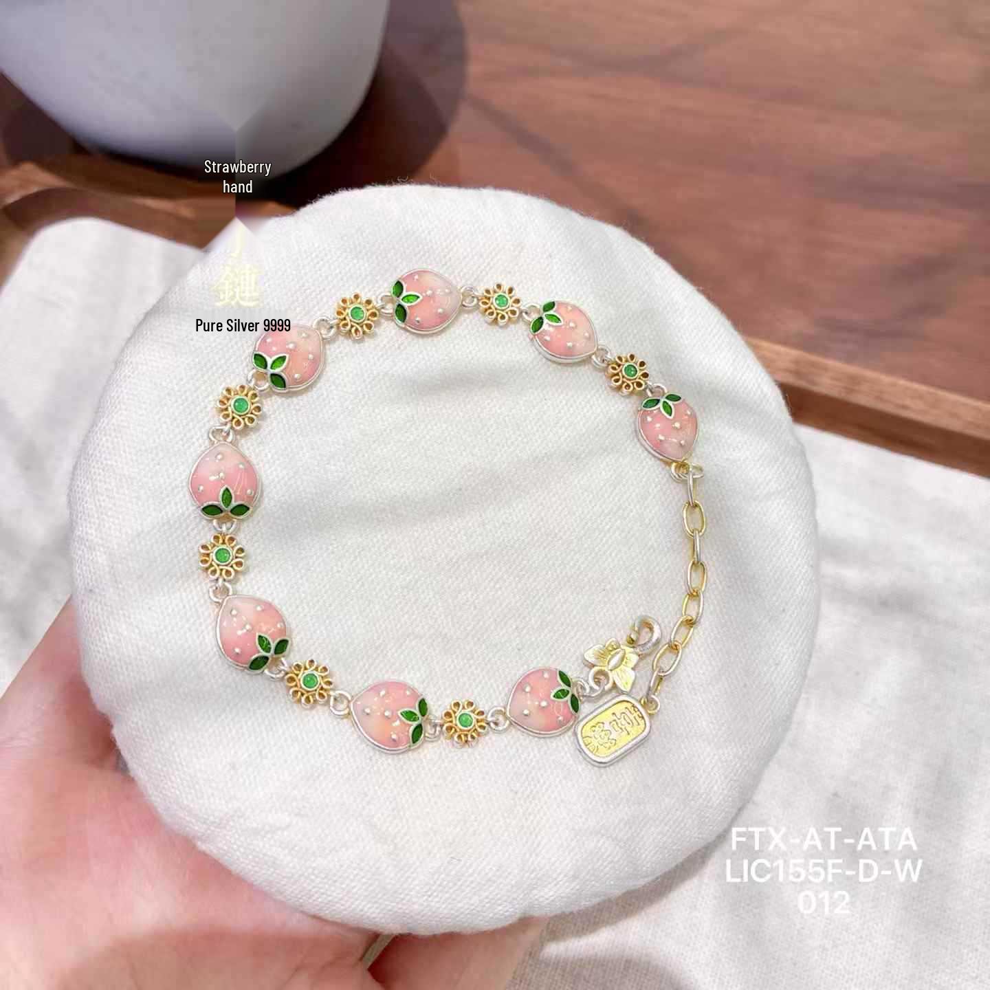 Sterling Silver Strawberry Bracelet with Gold Enamel and Niche Design - Elegant Gift for Girlfriend 999.9 Sterling Silver
