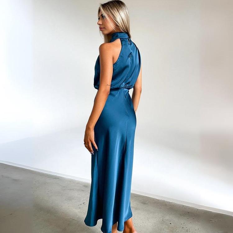 Rochie Femei Solidă Talie Înaltă Halter Bretele Spaghete Lungime Gleznă Guler Înalt