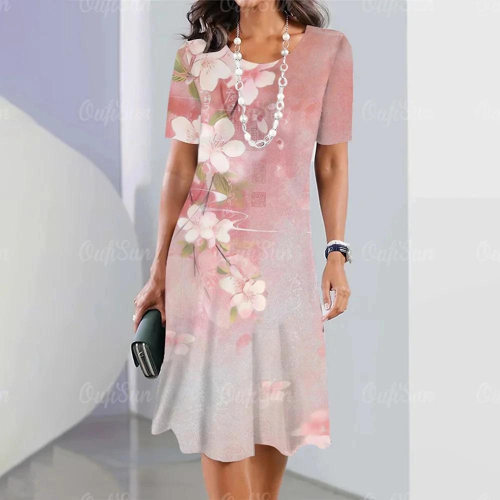 Elegant Summer Color Block Short Sleeve 3D Floral Maxi Dress with Cinched Waist and Round Neck