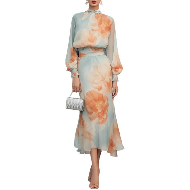 2026 Sky Blue Floral Chiffon Dress With Stand Collar Puffed Sleeves Waist Cinched Mermaid Maxi Gown