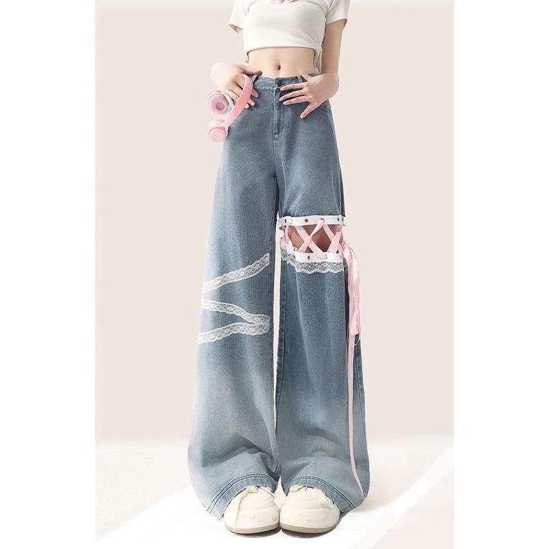 2024 New Hollow Wide Legged Jeans for Women's Lace Cut Style Y2K Vintage Harajuku Baggy  Straight Leg Floor Dragging Pant