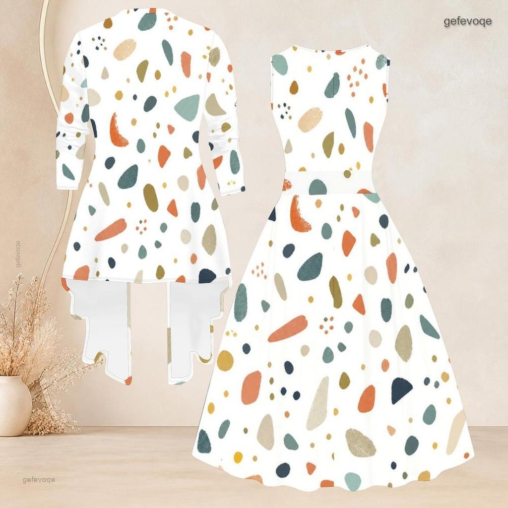 Women Plus Size Two Piece Outfit Round Neck Sleeveless Tie Waist Flared Dress Three Quarter Sleeve Open Cardigan Geometric Printed Pink Black White