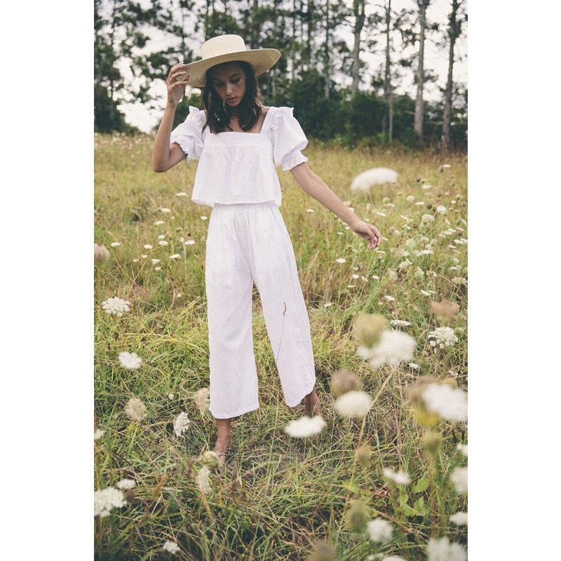 

French Style Vintage Court Style Puff Sleeve Shirt Tops High Waist Short Sleeve Square Collar Elegant Slim Looking All-Matching Shirt Women White L