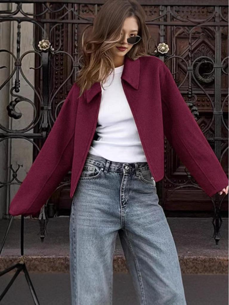 European and American Women's Retro Woolen Turn-Down Collar Short Coat