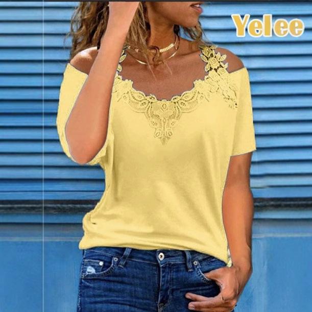 Women's Lace V Neck Cold Shoulder T-Shirt Casual Short Sleeve Loose Solid Summer Blouse Top