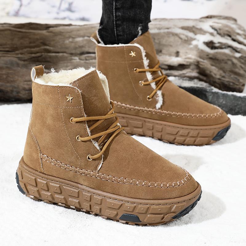 Fashion Golden Sapling High Quality Winter Warm Plush Shoes for Men Outdoor Leisure Flock Leather Snow Boots Lace-up Fashion Ankle Boot