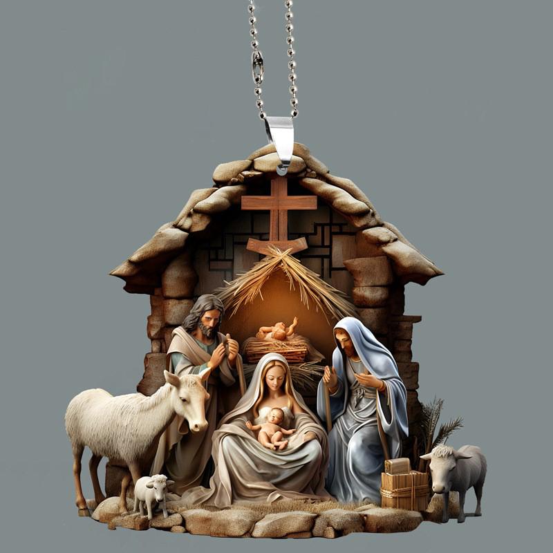 Christmas Tree Jesus Pendant Ornament Family Prayer Scene Pendant Bright Colored Car Decoration Pendant Home Decorations