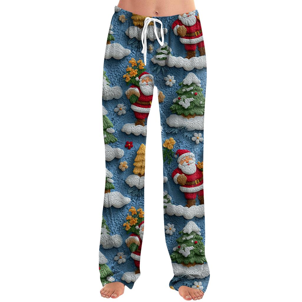 Ladies' Loose And Casual Christmas Printed Wide Leg Pants With Elastic Waistband Drawstring And Pocket Pants