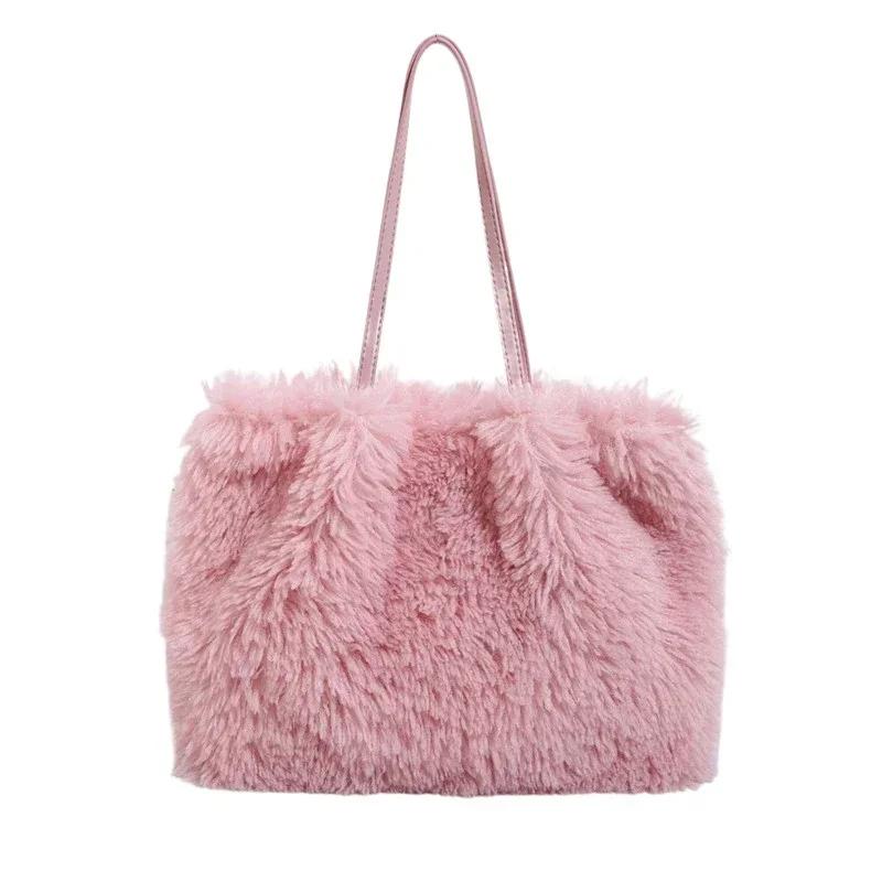 New large capacity solid color fur handbag for women trendy fashion casual single shoulder feminine bags