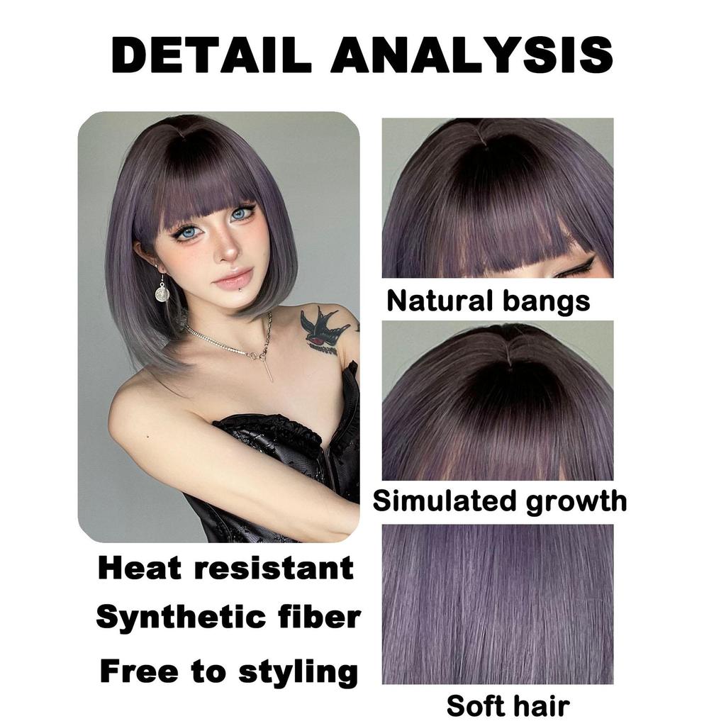 European and American Fashion Bob Wig, Purple Gradient Short Straight High-Temperature Fiber Hairpiece