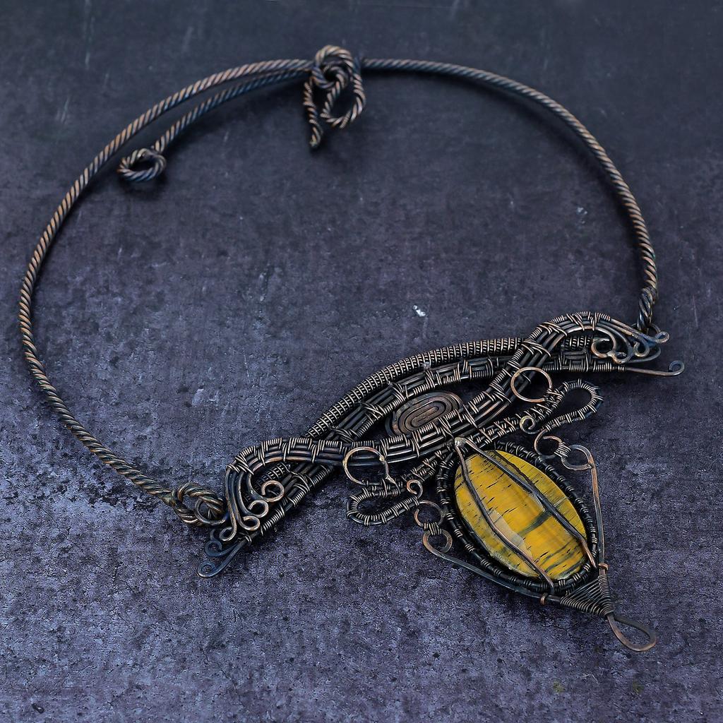 Natural Tiger Eye Gemstone Handmade Copper Wire Wrap Jewelry Necklace 18" T0S85