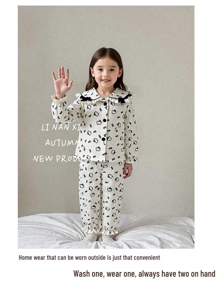 Girls' Autumn/Winter 2025 Fleece Pajama Set: Warm, Korean Style Bow Design for Small To Medium Children