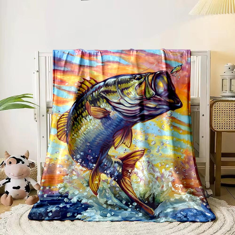 Jumping Bass Fish in Sunset Water Splash Flannel blanket for bedroom, living room, sofa, and nap sofas