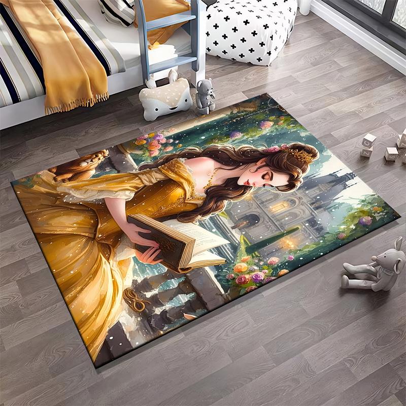 Runner Rug Belle Reading Book on Balcony by Fairy Tale Castle Golden Gown Beauty and the Beast Cartoon Home Decor Bedroom