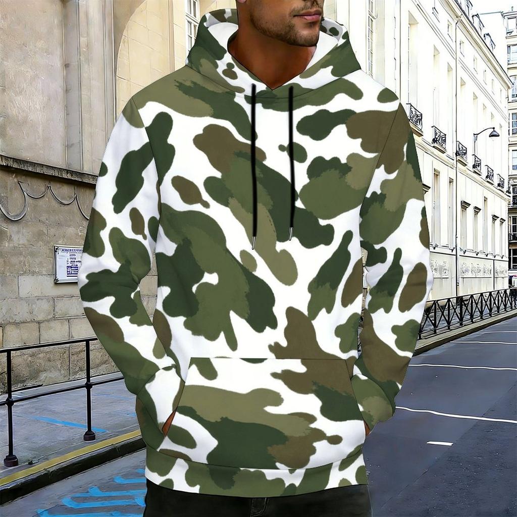 Felpa con cappuccio da uomo taglie forti, stampa a pois bianchi, manica lunga, coulisse, tasca a marsupio, pullover