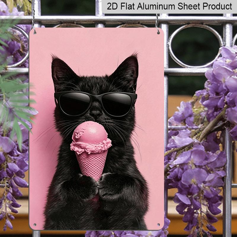 2D Flaches Cooles Schwarzes Katze mit Sonnenbrille & Rosa Eis Metallschild - Lustige Katze Aluminium Wanddekor Küche & Esszimmer Wand, Katzenliebhaber Wohnzimmer