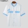 INCERUN Men Collarless Striped Short Sleeve Buttons T-shirts Stitching Summer Tops