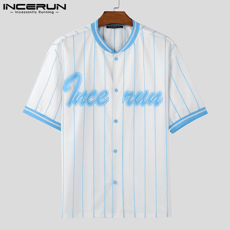 INCERUN Men Collarless Striped Short Sleeve Buttons T-shirts Stitching Summer Tops