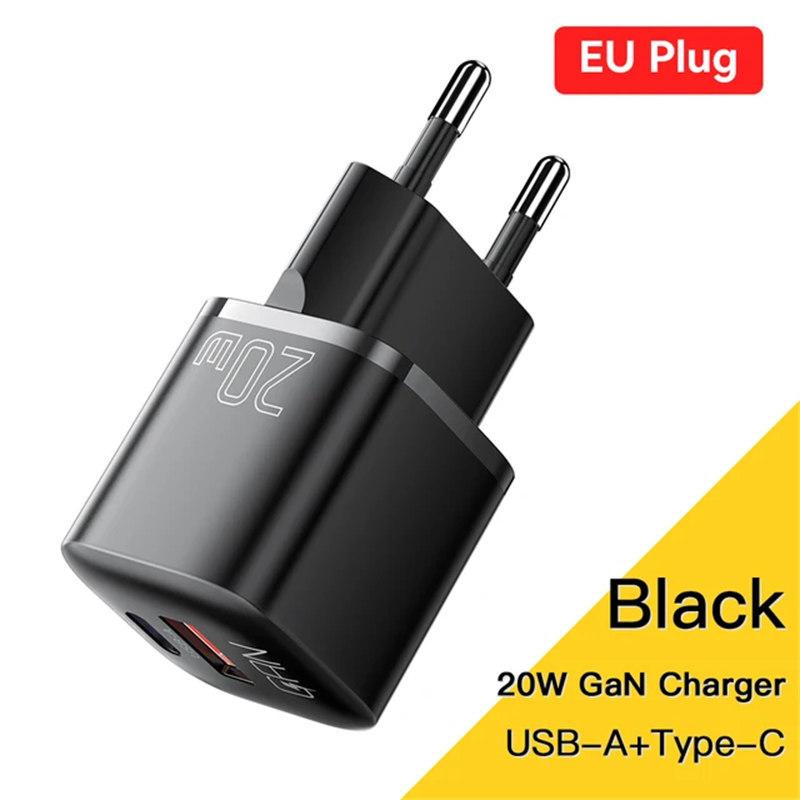 

20W GaN USB Type C Charger PD Fast Charge Phone QC 3.0 Quick Chargers For iPhone 16 15 14 13 12 11 Pro Max Mini iPad Charging EU Plug чорний