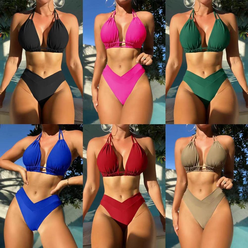 Bikini Sexy Nylon Couleur Unie Mode Européenne et Américaine Maillot de Bain Deux Pièces pour Femmes