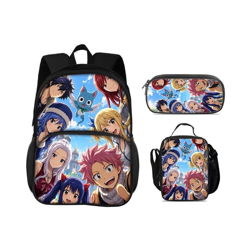 FAIRY TAIL Round Front Bag Backpack Pen Bag Ice Bag 3Pcs Set Cartoon Anime Printed Student Boys and Girls New Versatile
