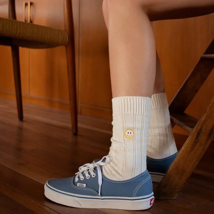 Knit Socks with Smile Embroidery - White