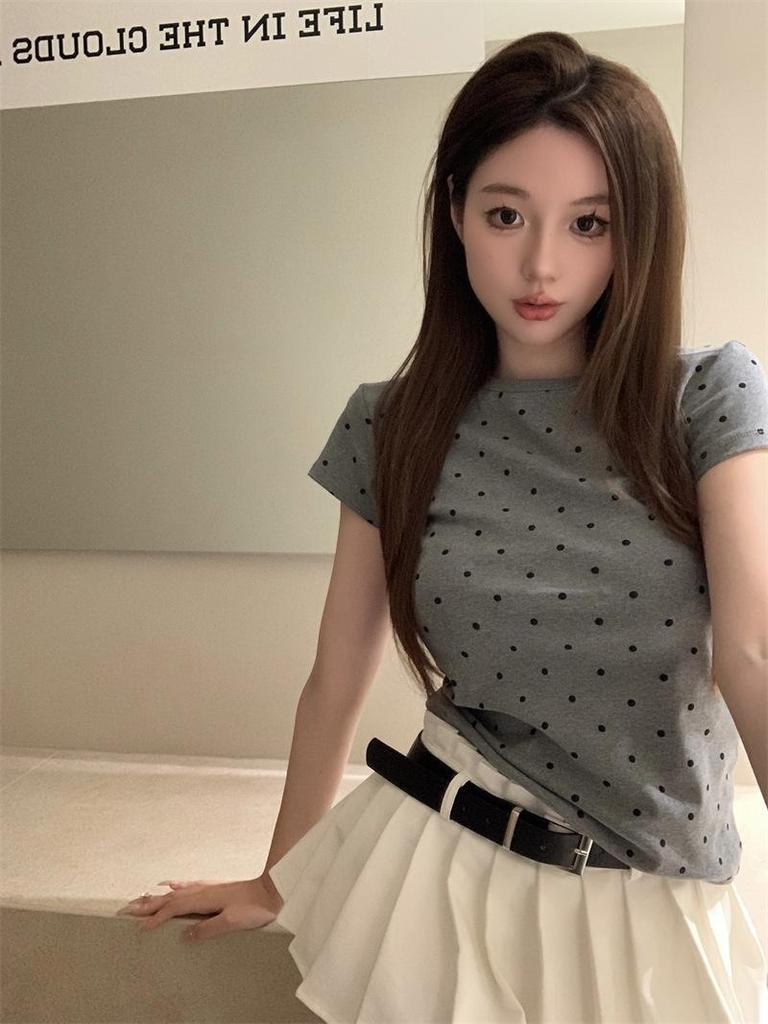 Women's Retro Polka Dot Short Sleeve T-shirt - 2026 Korean Slim Fit Summer Fashion
