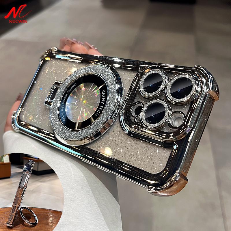 Double Bling Glitter Magsafe Bracket Case for iPhone 16 Pro Max Plus Transparent Plating Cover for iPhone 13 12 11 14 15 Pro Max