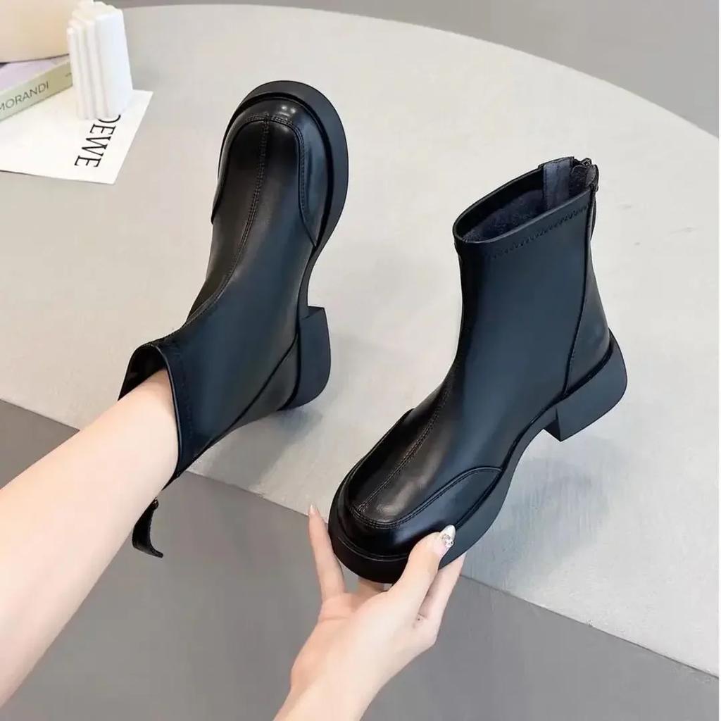 Female Short Shoes Elegant With Medium Heels Round Toe Waterproof Booties Designer Luxury Boot New In Chic Women's Ankle Boots