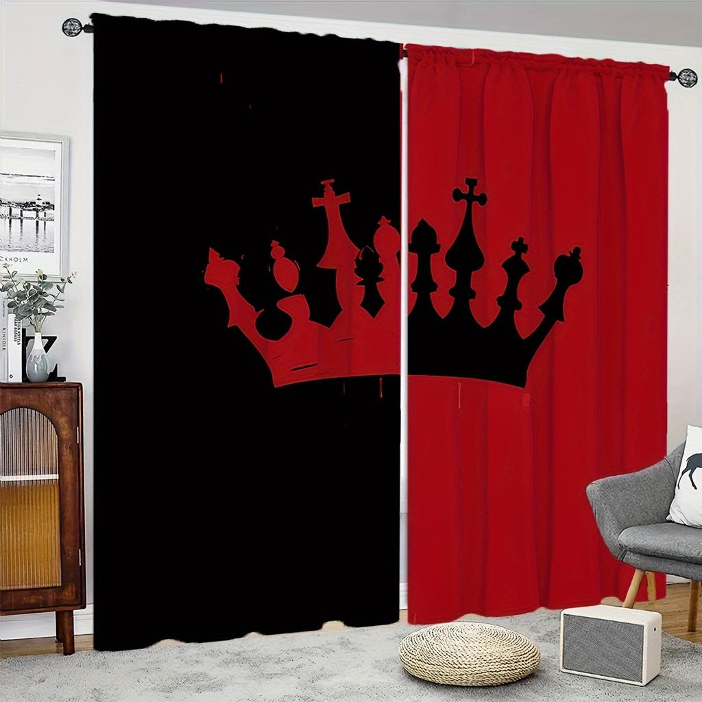 2pcs Red & Black Crown Print Curtains – For Bedroom   Living Room & Kitchen Home Decor