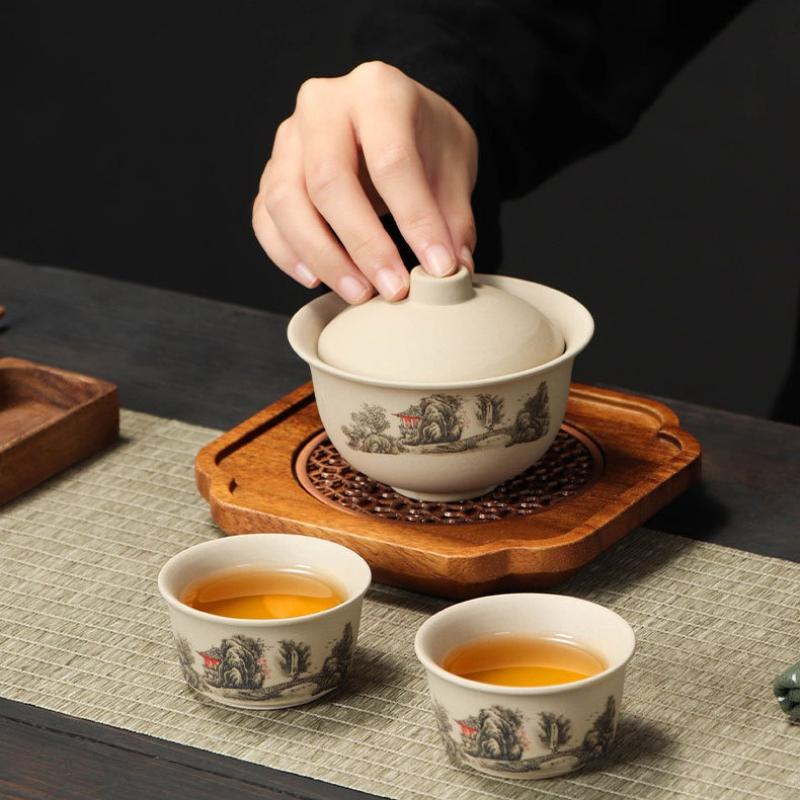 Stoneware Kungfu TeaSet - SancaiLiddedBowl & Teacups for CorporateGifts StoreOpening TraditionalChineseCeramic Commemorative Set