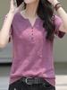 Women Summer V Neck Short Sleeve T-shirt Solid Color Waist Slim Korean Style Casual Commuter Blouse With Buttons