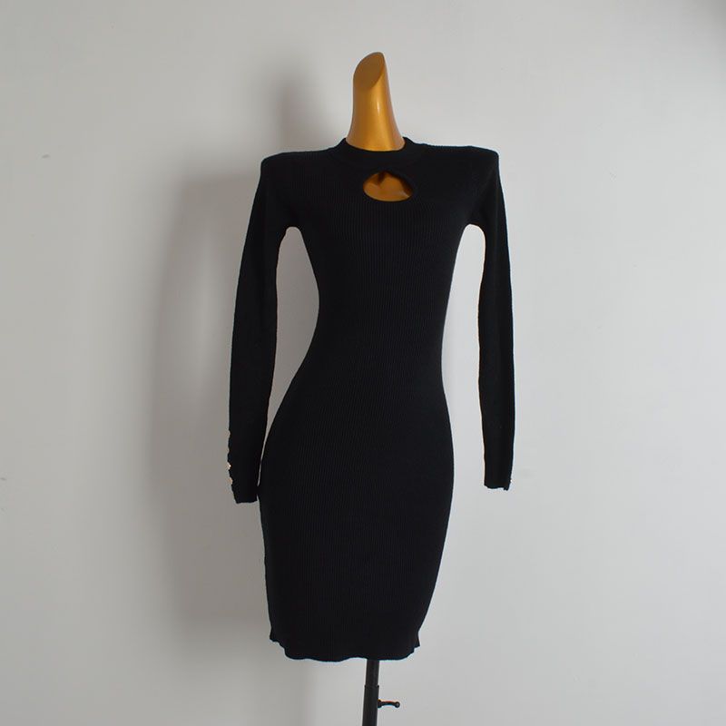 

Fall and Winter New Arrival Pure Color Stand Collar Sneaky Design Cut Out Long Sleeves Knitting Dress Women s Clothing Slim Fit Inner Wear Hip Skirt Black L/XL