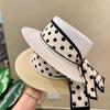 Summer Women Straw Hat Dot Ribbon Pearl Flat Top Wide Brim Panama Cap Ladies Travel Beach Sun Protection Caps