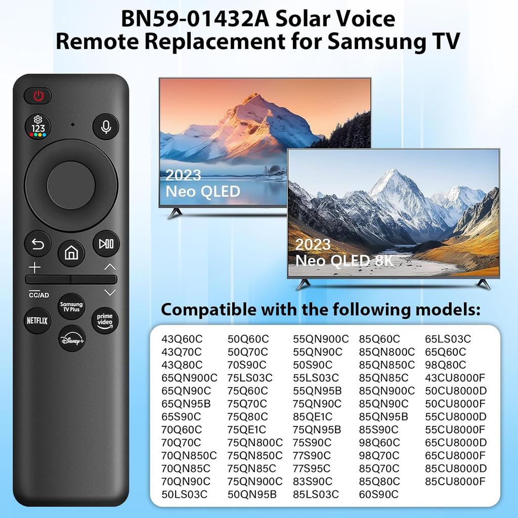 BN59-01432A Solar Voice Remote Replacement for Samsung TV Remote with Bluetooth Rechargeable Solar Cell, Compatible with Samsung TV 2023 2024 Neo