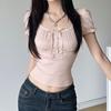 French Romantic Pleated Lace U-Neck Puff Sleeve Slim Fit Casual Top