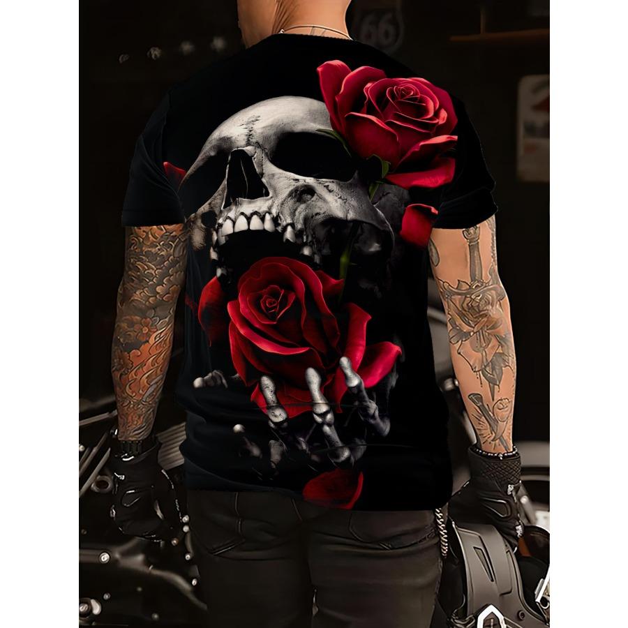 Short Sleeve Plus Size Summer Tee Men Outfit Red Rose Skull Head 3d Print T Shirts Mens Casual Sportwear T Shirt Male