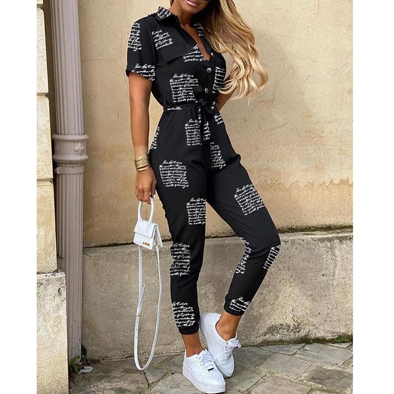 Summer Women's Trousers Casual Lapel Button Print Belt Cargo Jumpsuit