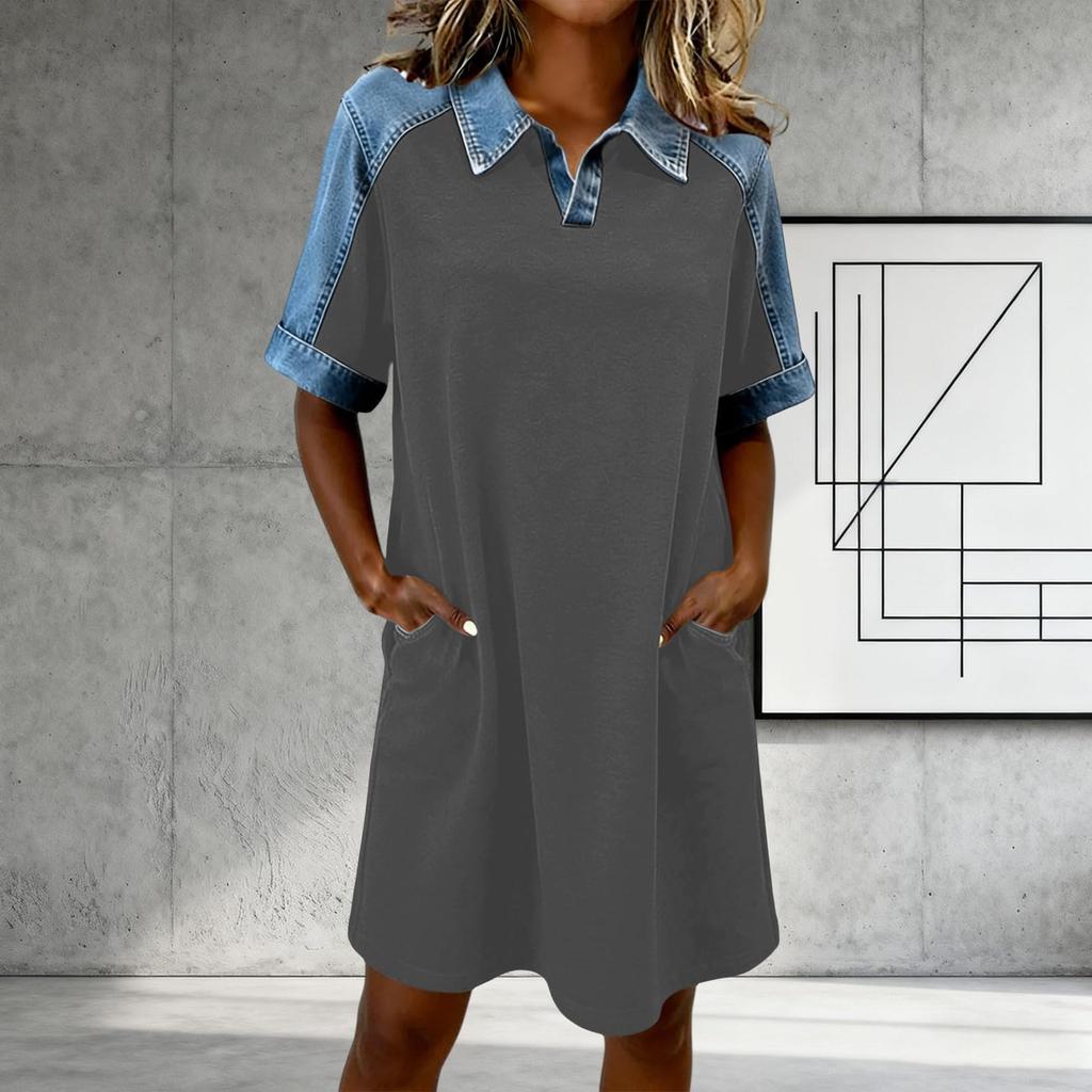 Damska sukienka casual z krótkim rękawem, kołnierzykiem polo, bawełniana, luźny krój, z kieszeniami po bokach, wygodny design