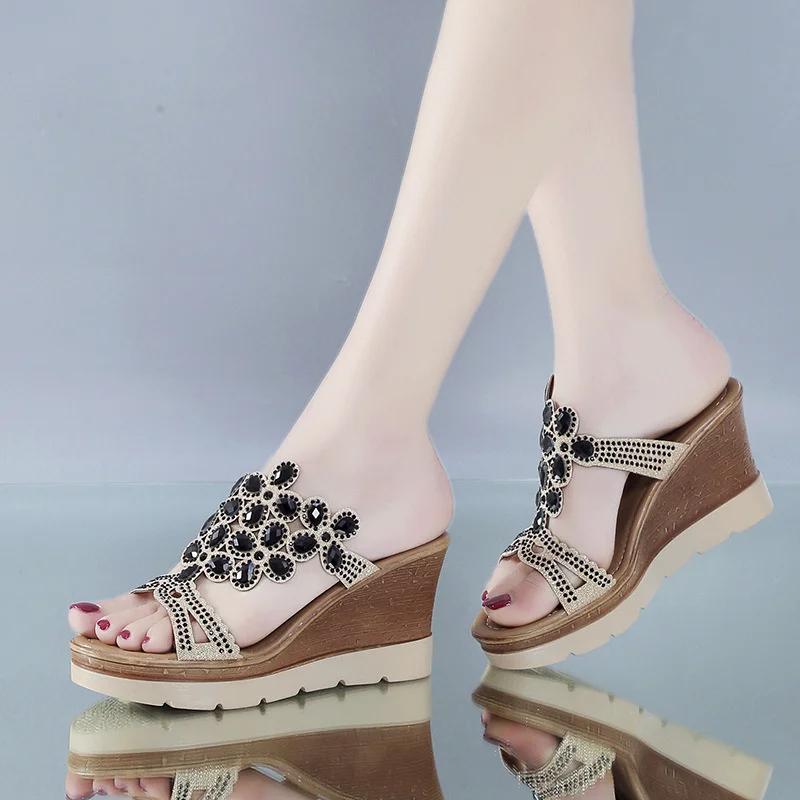 Women Summer Fashion Elegant Shoes Peep Toe Breathable Anti-slip Beach Sandals Rhinestone Slip-On Wedges Platform Sandals