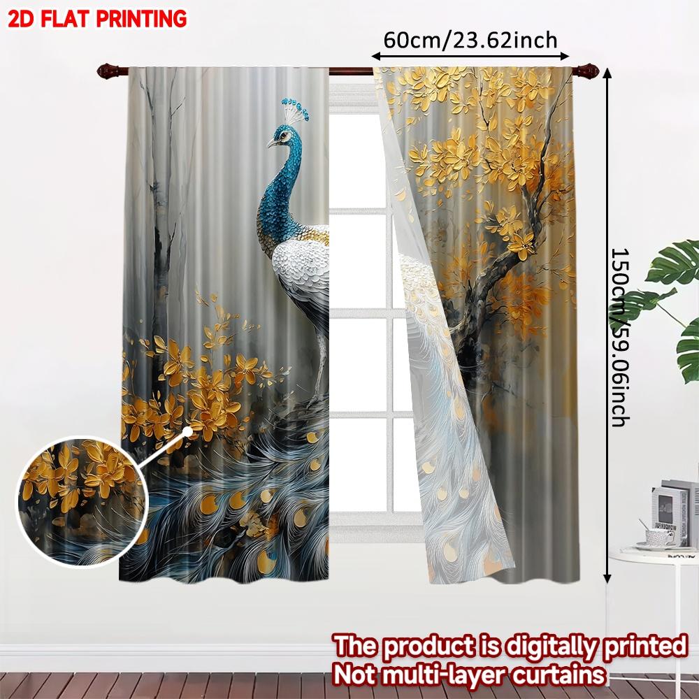 Set Of 2 Peacock Floral Curtains Flat Digital Printing Blue Gold White Feathers Blooming Tree Bedroom Decor Curtain Polyester Ideal For Sleeping Area