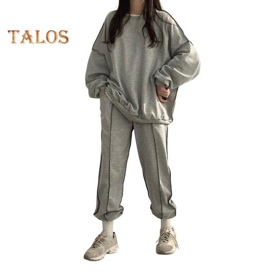 

Женский комплект из 2 предметов: топ и брюки, круглый вырез, длинные рукава, однотонная толстовка с эластичной резинкой на талии, свободные брюки, спортивный костюм на осень и весну XL серый