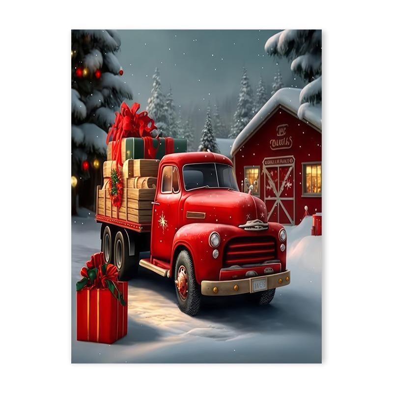 Red Truck Christmas Tree Holiday Decoration Poster Winter Santa Claus Snow Scene Canvas Painting Living Room Wall Art Home Decor