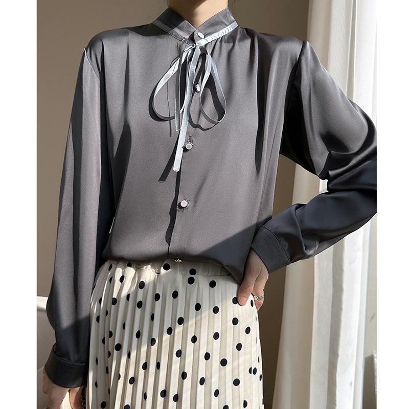 

Рубашка со стойкой женская летняя с длинным рукавом модный универсальный однотонный кардиган XXL темно-серого