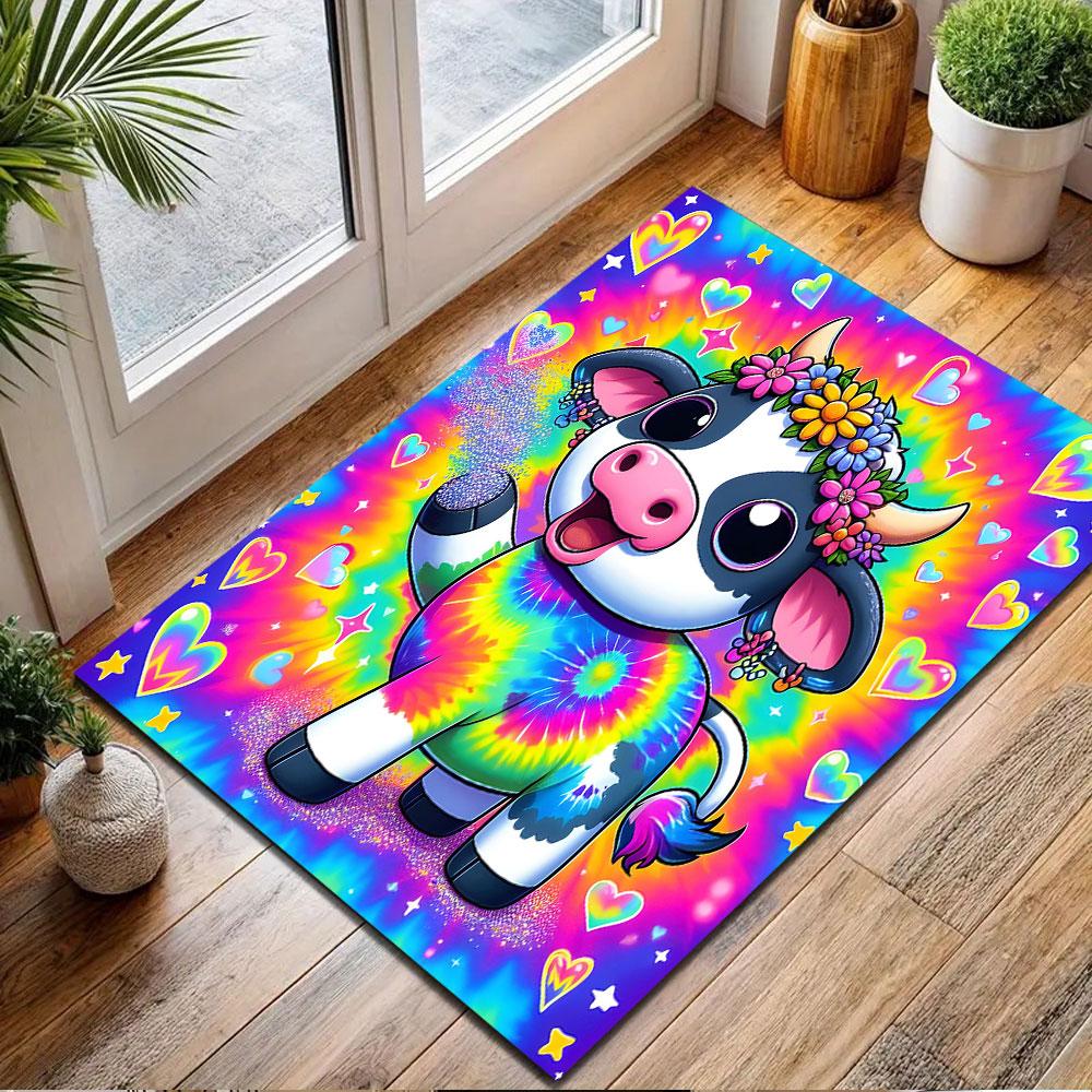 Colorful Hippie Cow with Flower Crown Patterned carpet, non slip mat suitable for living room and bedroom sofas
