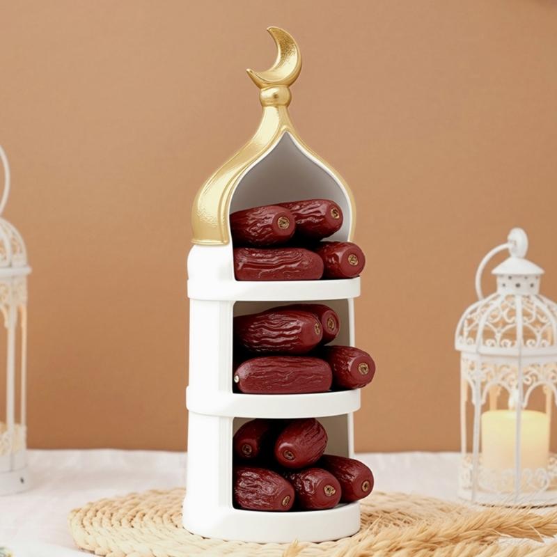 Gold and White Mosque Tower Model Desktop Ornament,Ramadans Eid Home Decors Decorative Ornament for Table Bookshelf