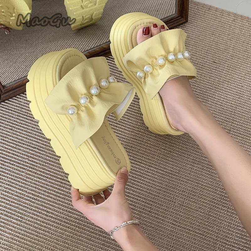 Fashion 8CM Platform Sandals for Women's Summer Footwear Fashion Pearl Bead Thick Bottom Slides Ladies Beach Slippers Sandalias De Mujer