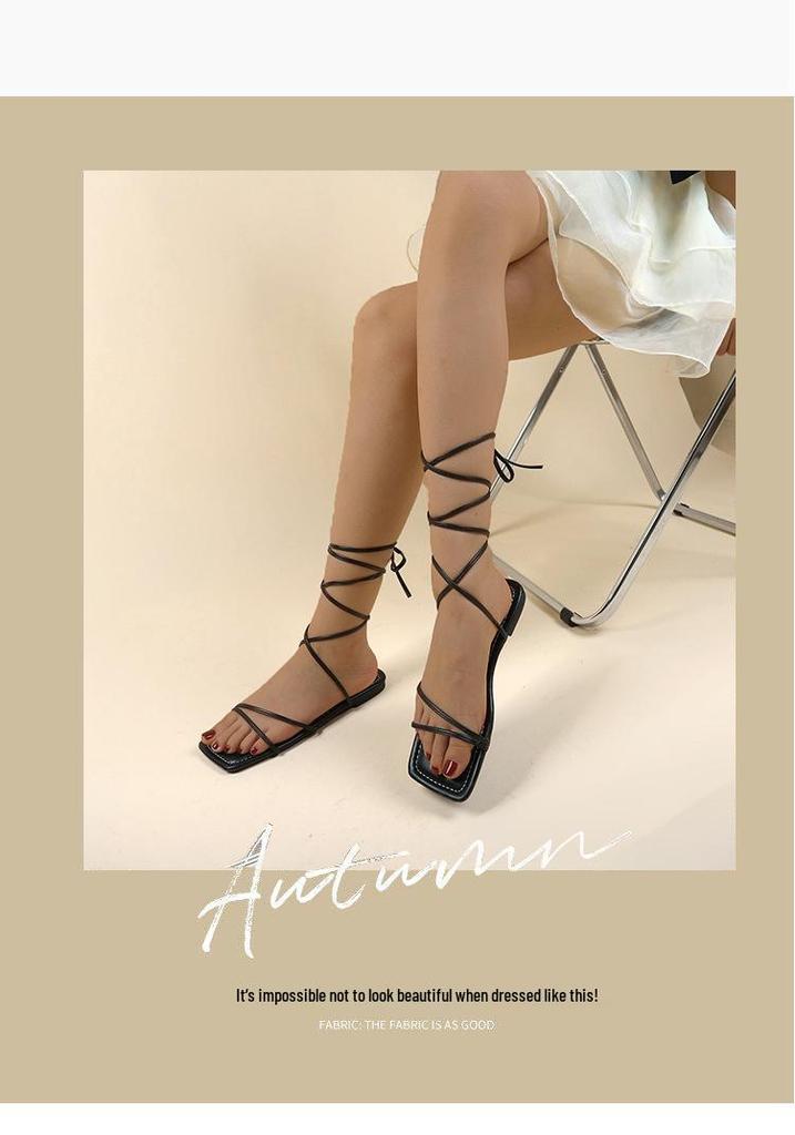 Sandales plates sexy à lacets et bout carré grande taille pour l'été 2023, Tailles femme 35-43