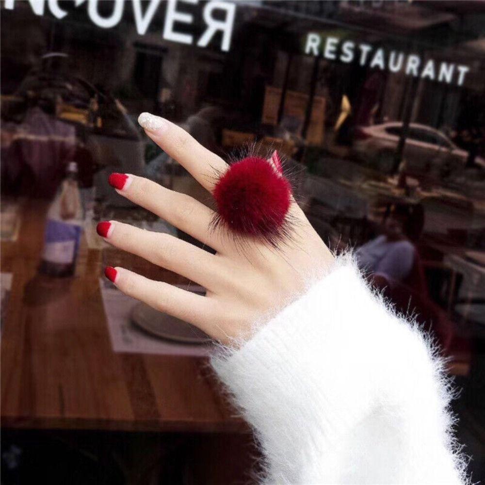Opening Adjustable Pompom Fur Ball Ring Alloy Ring Cute Fur Ball Mink Hair Finger Ring  Women