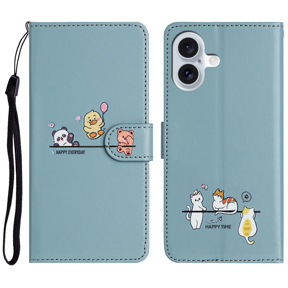 Book-style Flip Cover with Cartoon Animal Print Case For iPhone 16E 16 15 Plus 14 13 12 mini 11 Pro Max 10 XS X XR Stand Cover